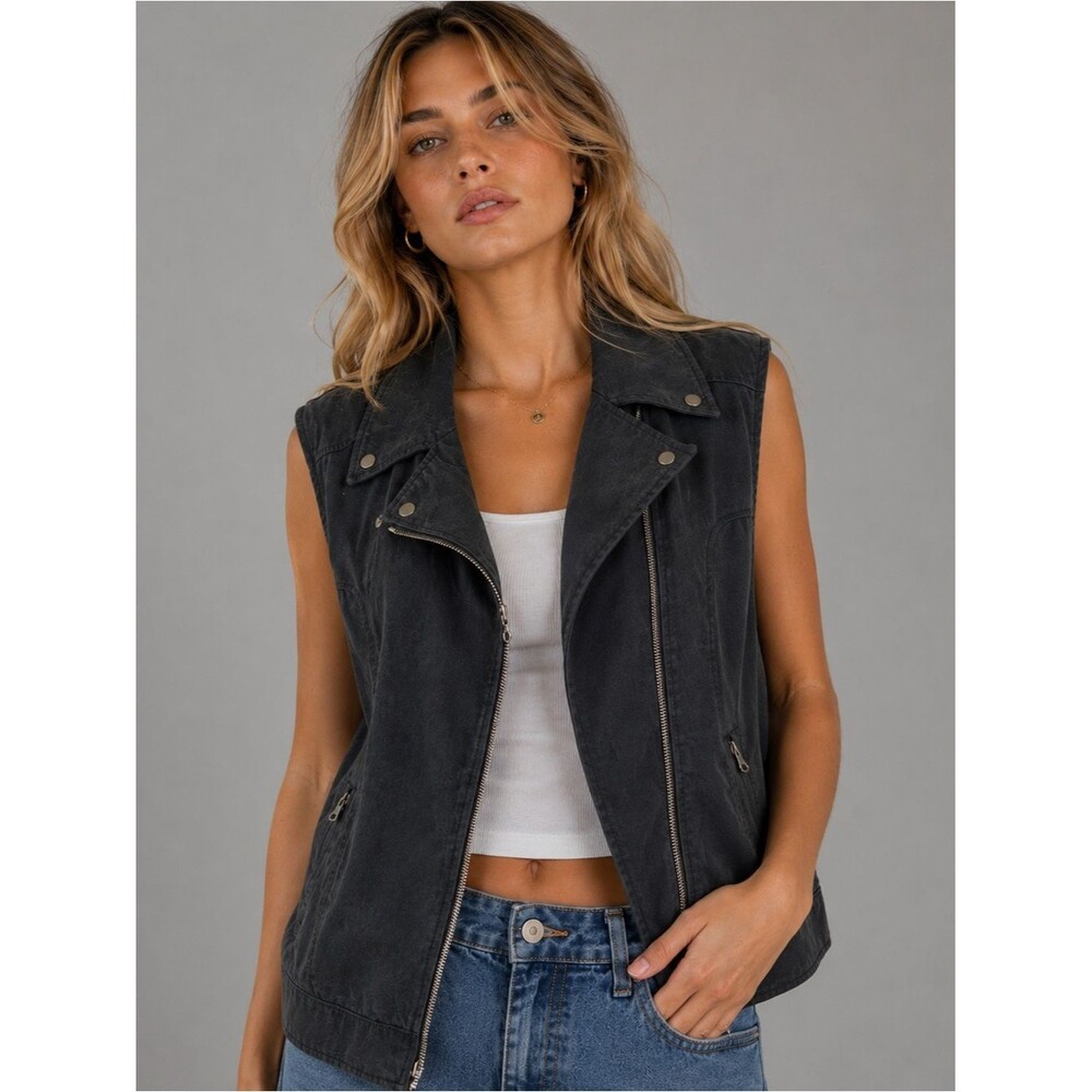 Club Monaco Black Moto Vest Sleeveless Zip Front Jacket Size M